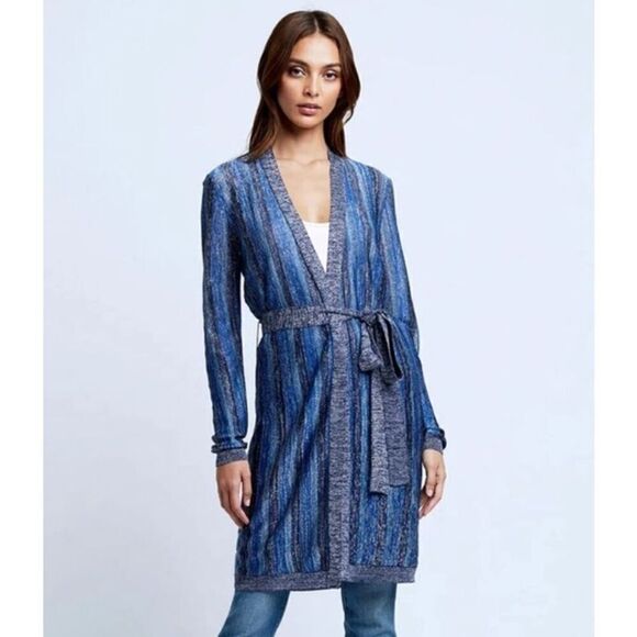 NWT L'Agence Knit Striped Tie Waist Berkeley Wrap Cardigan Blue Metallic Size XS - Picture 1 of 12